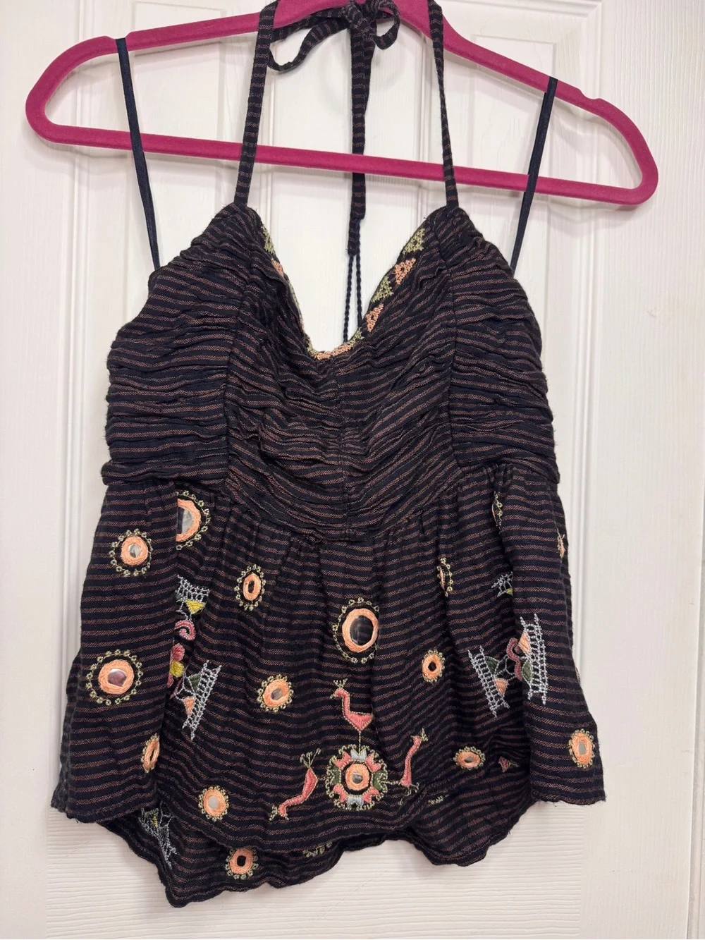 Free People navy and brown Embroidered Backless Halter Peplum Top
